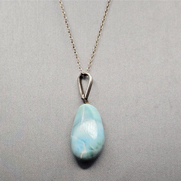 VTG Sterling Silver Larimar Pendant Necklace 18" Teardrop Signed F 6.79g - Picture 2 of 15